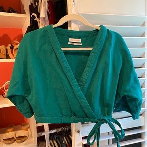 UO Cropped Turquoise Linen Cross Tie Top